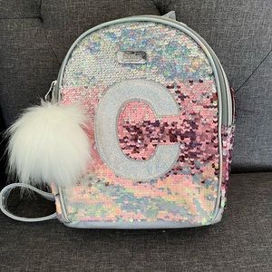 Justice small girl’s mini backpack sparkly with the letter “C” adjustable straps